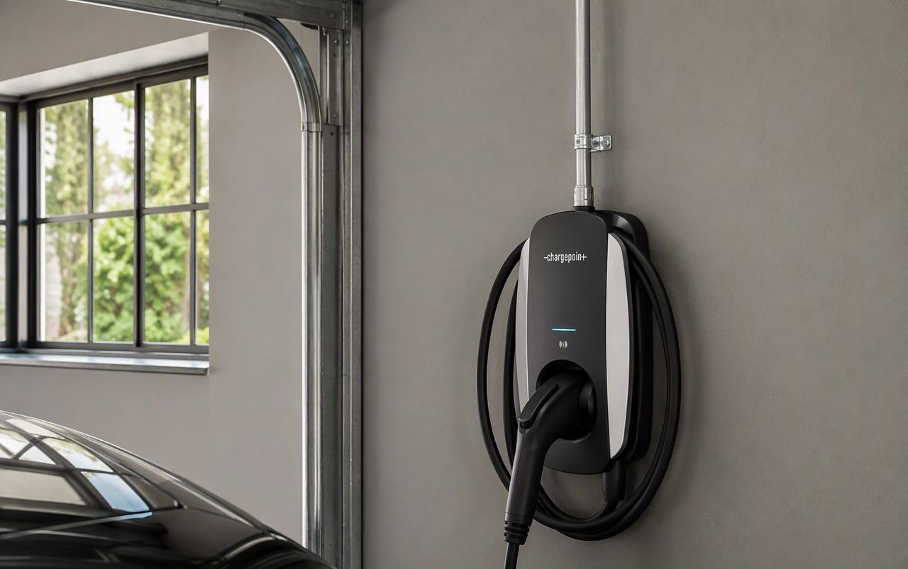 Professionally installed Level 2 EV charger with neatly routed conduit on a clean garage wall