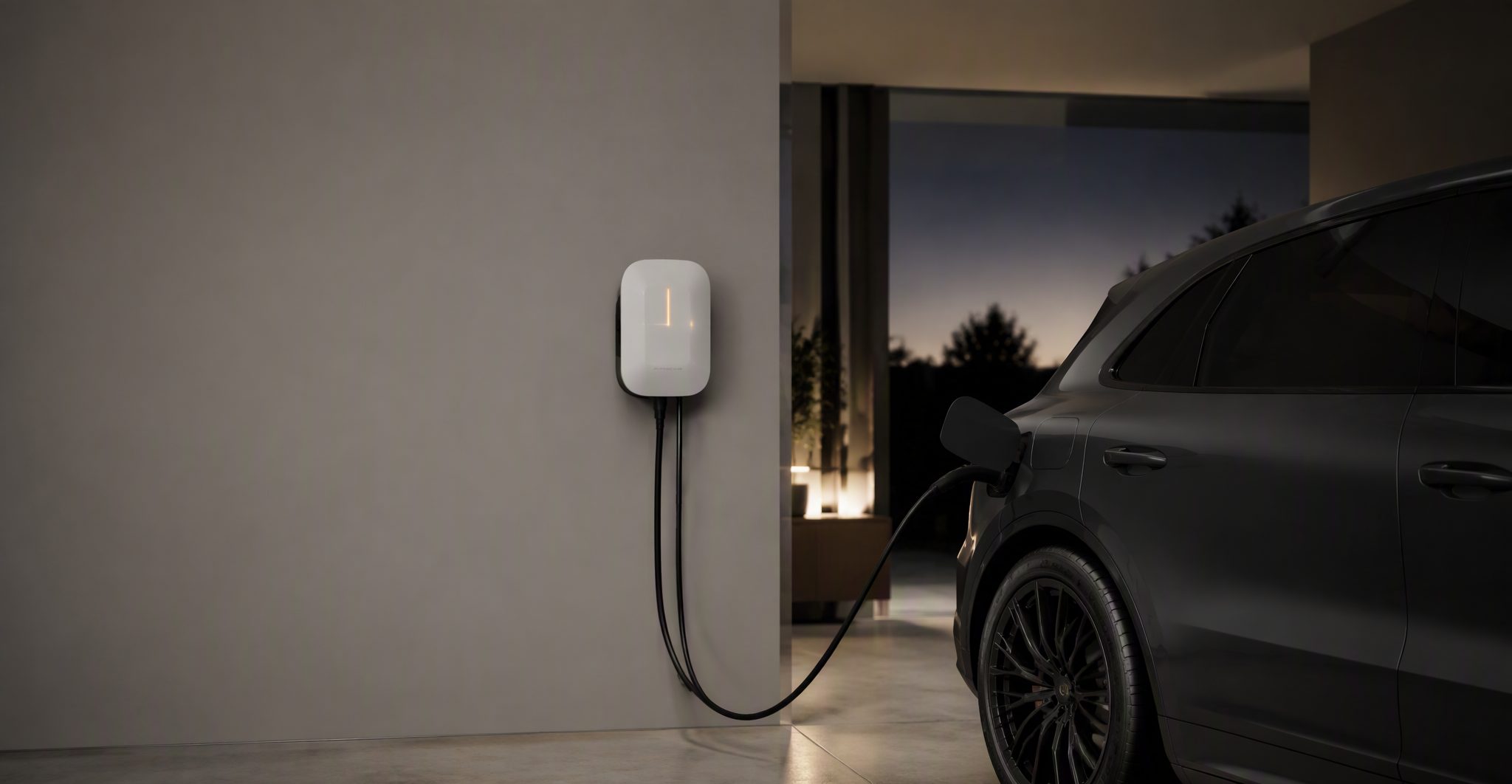 Wall-mounted Level 2 home EV charger charging a dark luxury electric SUV in a modern residential garage at dusk