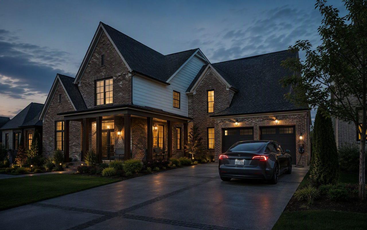Electric vehicle charging in the driveway of a modern Middle Tennessee brick home at dusk
