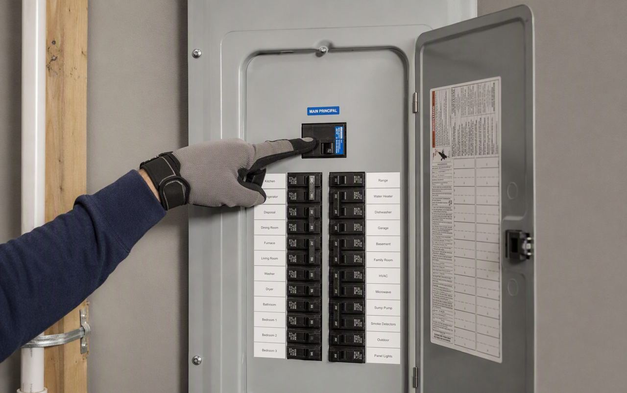Electrician evaluating a labeled residential electrical panel for EV charger capacity